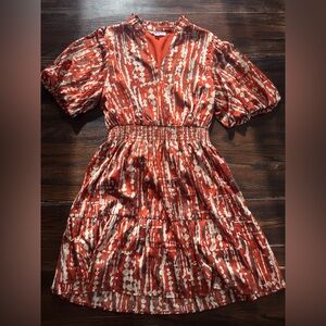 THML Rust Abstract Print Smocked Waist Dress – Puff Sleeve, V-Neck